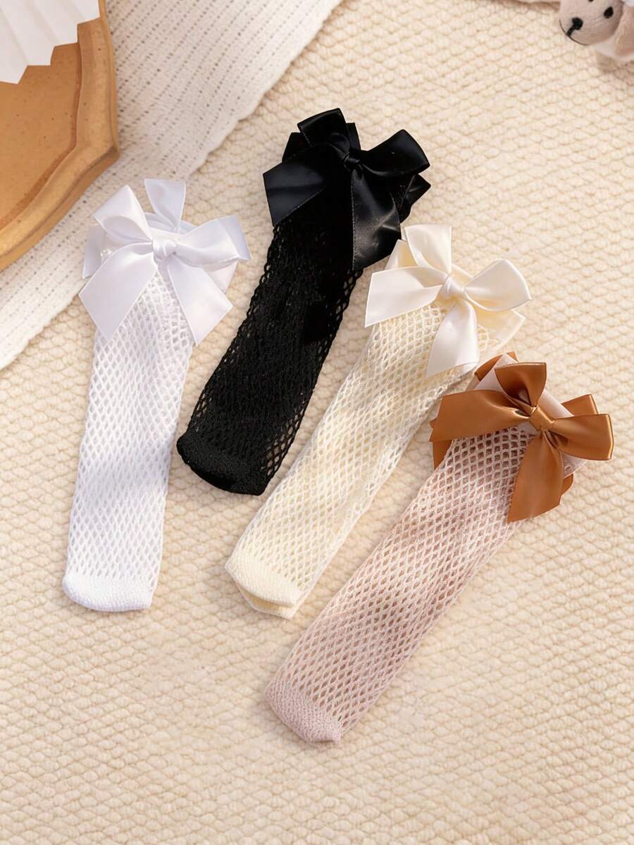 4 Pairs Kids Cute Bow Decor Hollow Fishnet Socks, Lightweight Breathable Girls Mid-Calf Socks, Suitable For Children Aged 1-8 Years Old, Suitable For Wearing Above 25°C In Spring/Summer - White - View 1