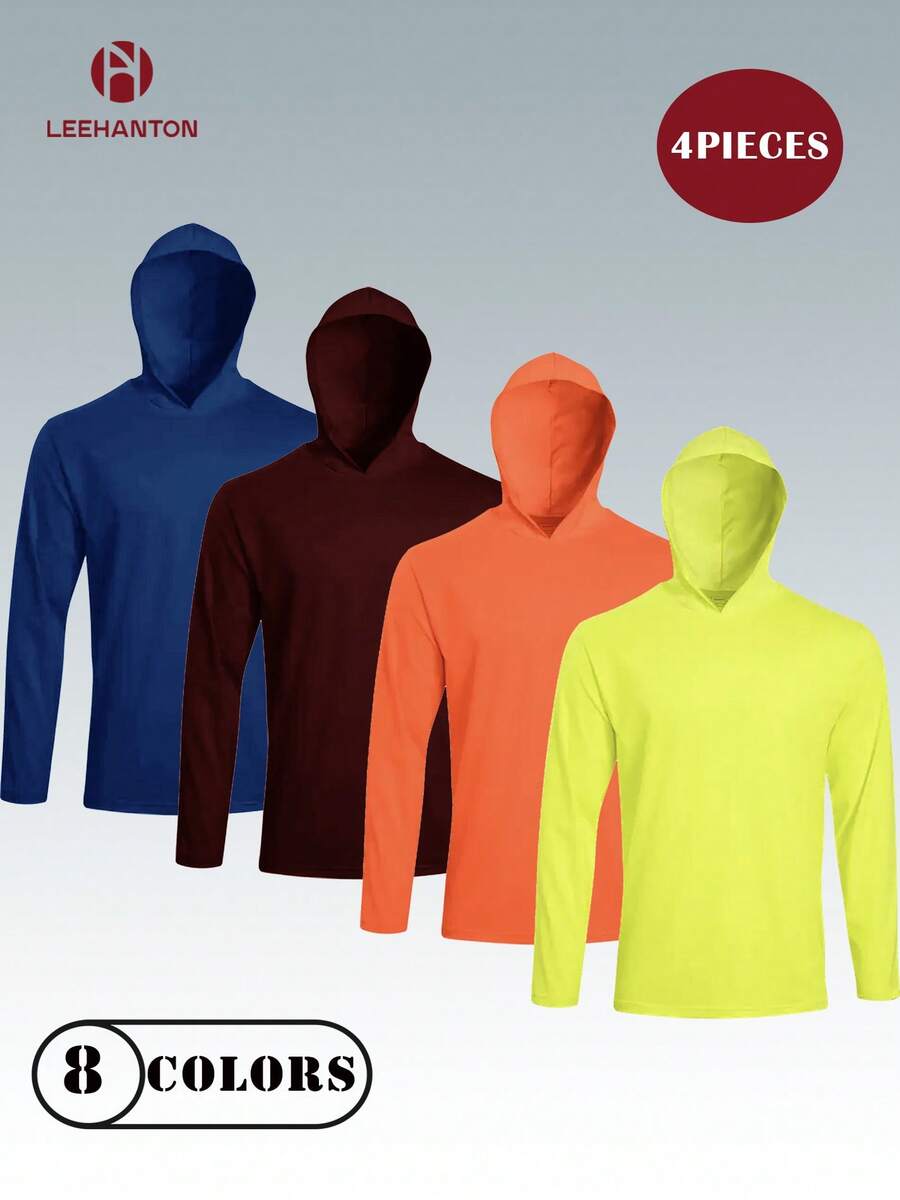 Pack de 4 Playeras con Capucha y Manga Larga para Hombre, Malla Micro Poliéster 150gsm, Transpirable, 8 Colores
