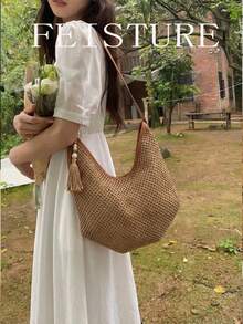 1pc FEISTURE Women's Tassel Woven Beach Bag, Casual Shoulder Bag For Summer Vacation - Khaki - View 9