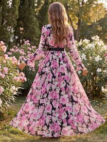 Elegant Boho Women's Long Sleeve A Line Maxi Dress With Floral Print Wrap And Belted Slit Hem Design - Multicolor - View 2