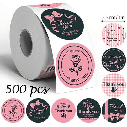500张/卷 感谢贴纸，适用于婚礼、派对、生日礼物包装、烘焙封口贴纸、甜点包装标签、赠品贴纸、礼品包装封口装饰贴纸、圆形装饰贴纸、毕业装饰、伴娘礼物、婚礼贴纸