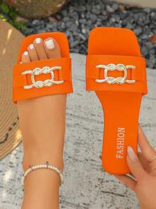 Retro Square Toe Non-Slip Low Heel Sandals With Bow For Women - Orange - View 5