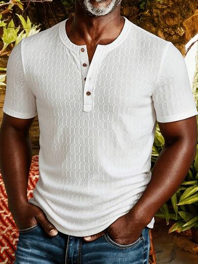 男士时尚休闲户外纹理面料纯色圆领单排扣短袖亨利衫，春夏款