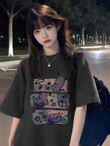 女士休闲宽松圆领卡通猫咪印花短袖T恤，春夏款 - 深灰色 - 查看 3
