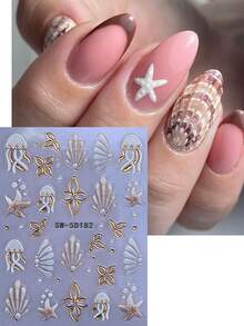 2片装5D立体海洋系列自粘美甲贴纸，优雅海洋美甲设计，包含水母、海星、贝壳、花卉和金色点缀，适合海滩度假夏季美甲装饰。 - 彩色 - 查看 5