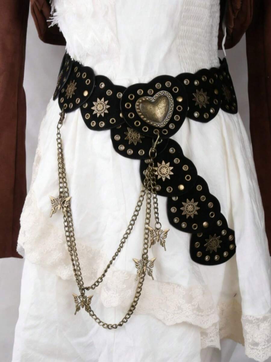 1pc Women's Vintage Western Metal Patchwork Heart-Shaped Belt, Y2K Retro Unique Vintage Feel Leather Belt With Butterfly Chain Pendant - Black - View 1