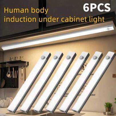 6个智能LED感应橱柜灯，USB充电无线橱柜灯，5V便携式磁吸夜灯，室内衣柜灯，适用于走廊、厨房、楼梯、衣柜等家居装饰，感应式亮灯