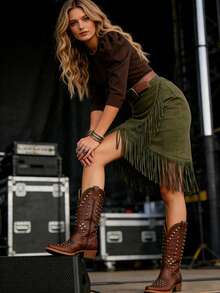 Chân váy ngắn tua rua bằng da lộn màu trơn thời trang kiểu phương Tây dành cho nữ, thanh lịch, thích hợp mặc hàng ngày vào mùa hè. - màu xanh lá - Xem 6