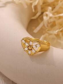 1 Pc Luxury Cubic Zirconia Heart Ring For Women Gold Color Round Ring Birthday Party Jewelry Mother's Day Gift - Gold - View 9