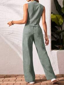 Set de 2 piezas de top sin mangas y pantalones de unicolor en estilo retro, adecuado para vacaciones, viajes de negocios y uso en verano - Verde militar - Ver 2
