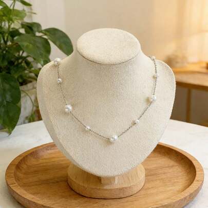 1pc Stainless Steel Faux Pearl Necklace, Layered Design Fashion Sweater Chain, French Elegant Luxury Versatile Clothing Accessory