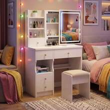 Vanity Desk With Sliding Mirror And Lights, 3 Color Lighting Modes Brightness Adjustable, Makeup Vanity Set With Drawers, Stool And Open Shelves, Dressing Table For Bedroom - View 6