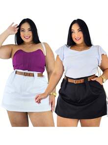 Short Skirt Plus Size Tailored With Belt Various Colors Summer - KIT 2 BLANCO/NEGRO - Ver 1
