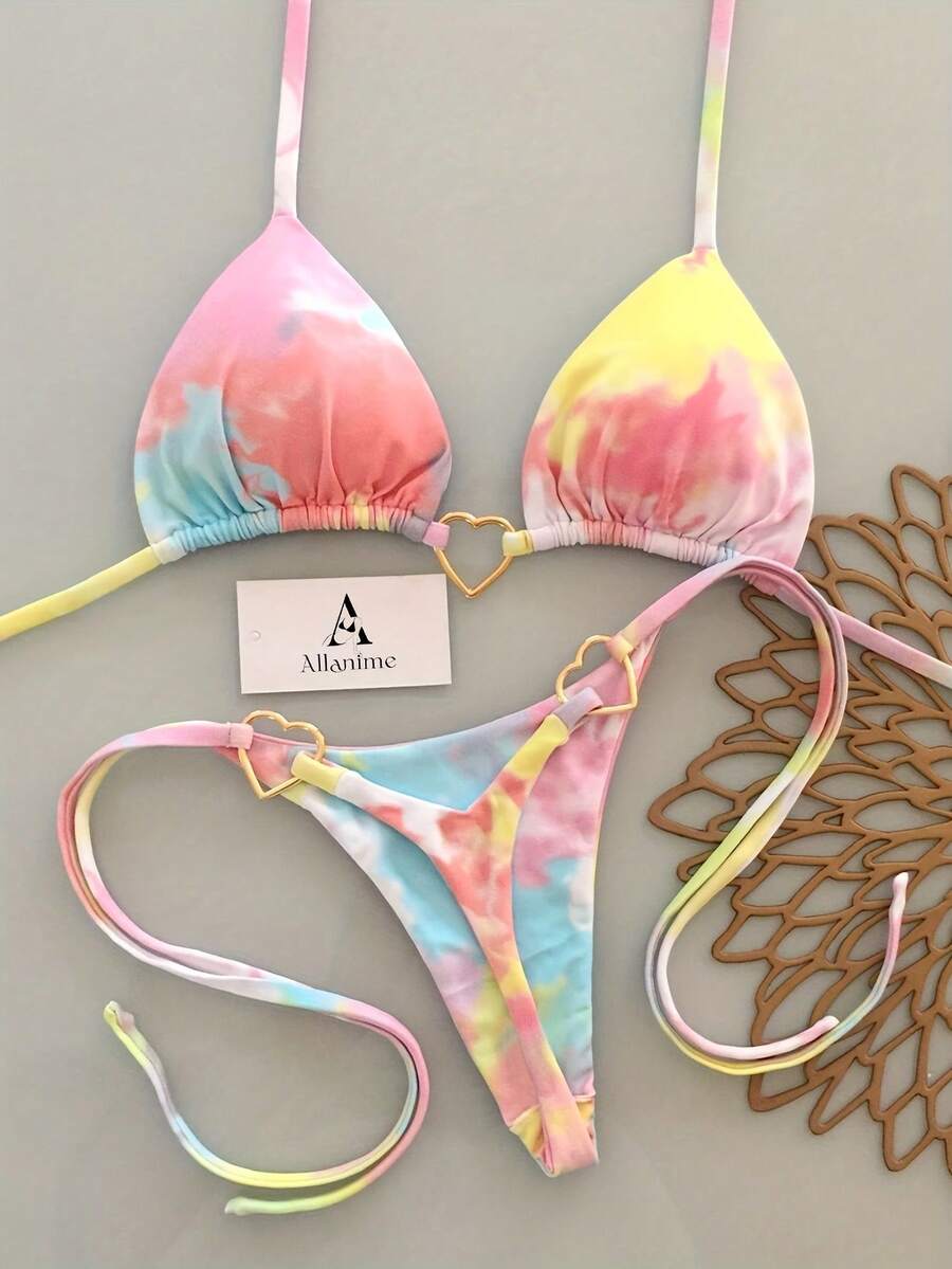 [Tie-Dye Bikini Set] New Women's Tie-Dye Halter Neck Bikini Set - Perfect For Beach, Pool, And Parties - [多色的] - 查看 1