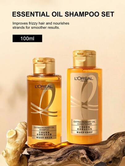L'Oreal Combo de Champú + Acondicionador de tamaño de viaje. Conjunto milagroso alisador. Mejora el frizz. Agrega volumen y rebote. Crea raíces talla grande llenas y levantadas. Control de aceite y refrescante.