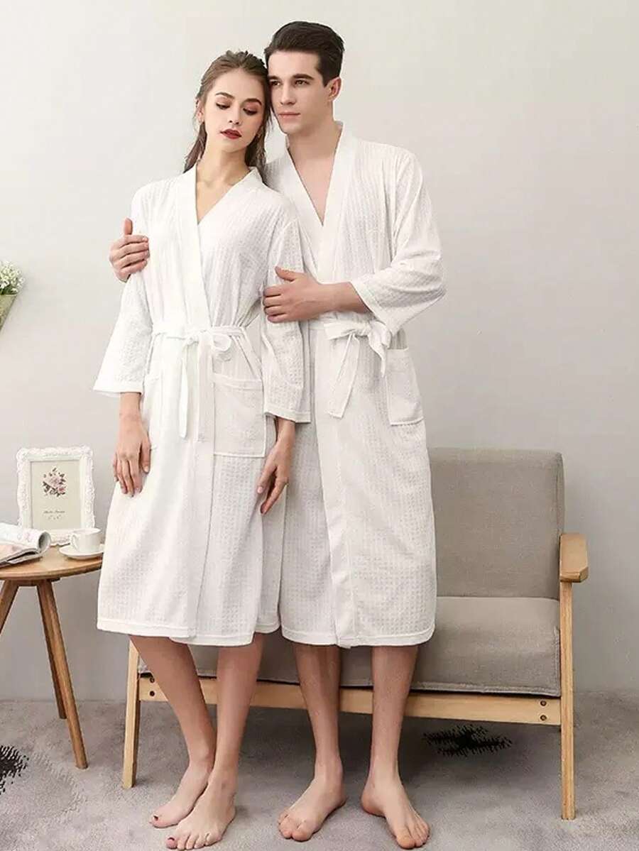 1 chiếc áo choàng tắm unisex mùa xuân/hè, kiểu dáng tối giản, dài, màu trơn, có thắt lưng - Áo ngủ polyester cổ chữ V, phù hợp cho mọi mùa, đồ dùng phòng tắm, váy xông hơi khách sạn, váy phù dâu mùa hè. - trắng - Xem 1
