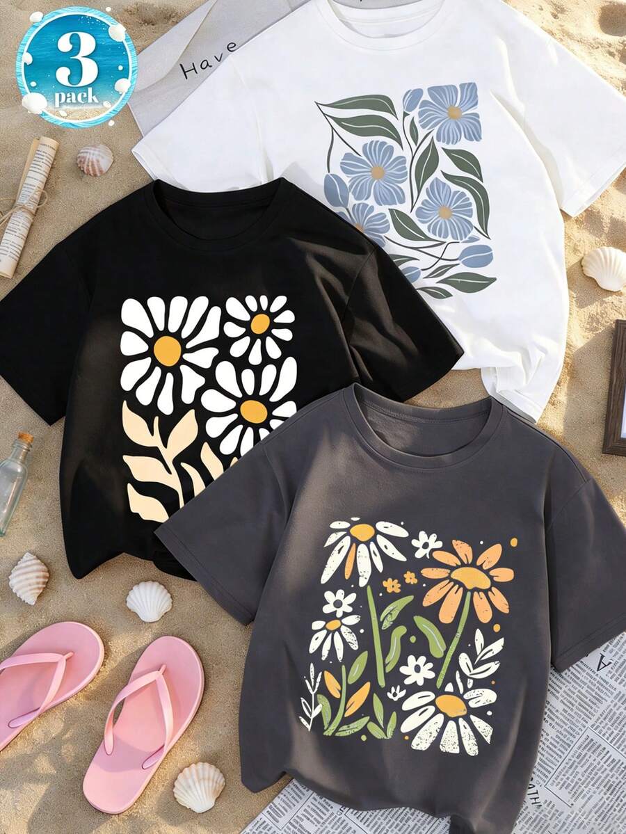 3pcs/Set Tween Girls Floral Print Short Sleeve T-Shirts, Suitable For Tween GirlsSummer Tops, Young Student Clothing - Multicolor - View 1