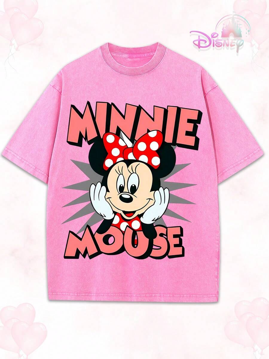 Disney Minnie Mouse Cute Cheeky Pose Graphic Washed T-Shirt, Retro Minnie Mouse Oversized Tee For Women - 粉色 - 查看 1