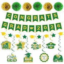 Graduation Party Decorations 2026 - 17 Pcs Green And Gold Congrats Grad Themed Supplies Favors For School Class Of 2026 Pre-Strung Banner Garland Hanging Swirls Paper Pom Poms Decor Set - 綠色和金色 - 查看 7