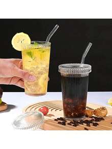 1个380毫升条纹玻璃杯（带盖和吸管，日式风格）时尚饮具，牛奶/咖啡杯，茶具套装，生日礼物，威士忌酒杯，适合泳池派对、夏季派对 - 無色 - 查看 2