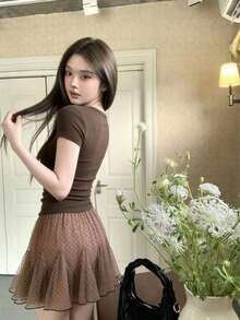 新款波点优雅喇叭迷你裙，女士春夏款 - 卡其色 - 查看 4