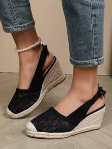 Sandalias de cuña de yute con lazo de encaje transpirable y de moda para mujer - Negro - Ver 5