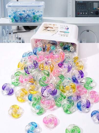 100颗香氛洗衣珠，5合1浓缩洗衣液，强力去污，桃花香型，除臭洗衣粉，适用于可见和不可见污渍，兼容所有洗衣机