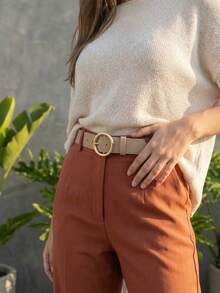 Women's Belt Set With Gold Metal Polka Dots, Synthetic Leather, Minimalist, Fashion Blogger Style, Unisex, Daily Use, Simple, Casual, 2024, Popular, Beautiful, Seasonal, Black, White, Brown, Caramel, Pink, Current Size, Stitched, Occasional, Versatile, Decorative, Vintage, 247 - 黑色/藍色/米色 - 查看 3