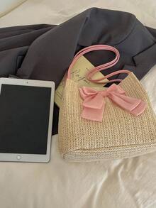 Fashionable Straw Bow Decor Shoulder Bag, Suitable For Girls And Ladies, For Vacation And Beach - Pink - View 3