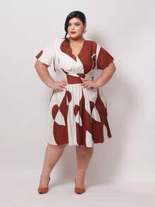 Women's Short Formal Plus Size Dress With Short Sleeves, MORA Prints, Round Style, Evangelical Style, For Church Conferences, Bridesmaids, And Weddings! - 鏽棕色 - 查看 1