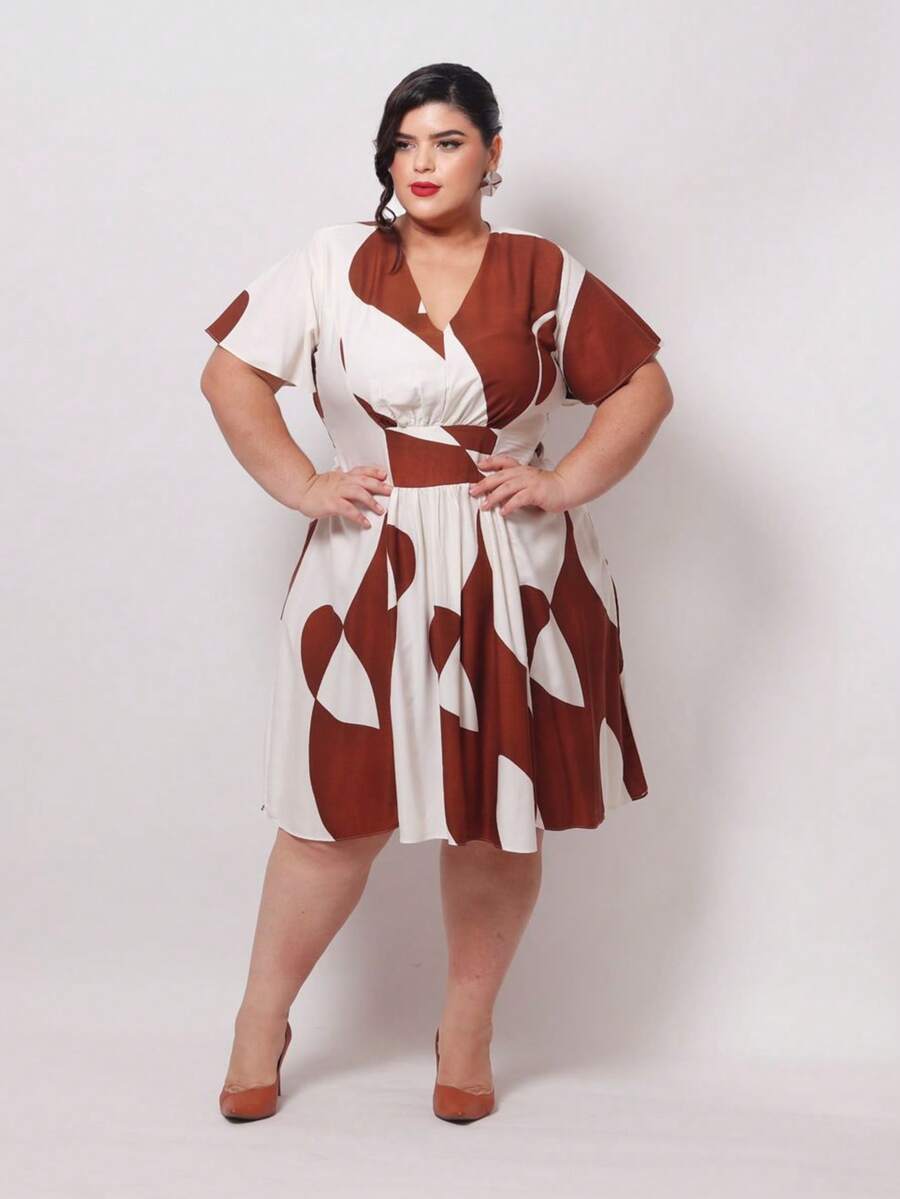 Women's Short Formal Plus Size Dress With Short Sleeves, MORA Prints, Round Style, Evangelical Style, For Church Conferences, Bridesmaids, And Weddings! - 鏽棕色 - 查看 1
