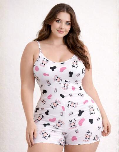 Pijama Macaquinho PLUS SIZE Feminino Alça Fina Sem Manga Estampado Macacão