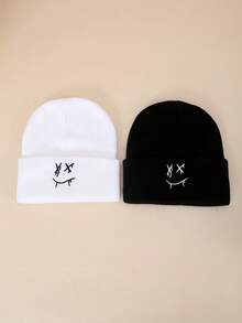 2pcs Embroidered Black & White Knit Beanie Hats, Warm - Multicolor - View 3