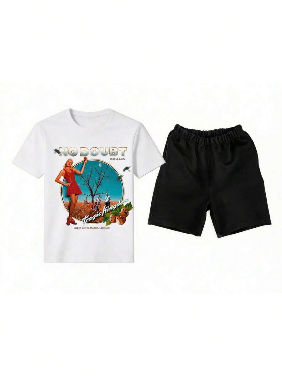 Conjunto para hombre estilo streetwear retro con estampado artístico e ilustración con letras tela cómoda ajuste holgado cuello redondo manga corta verano uso diario casual set de camiseta y short - Blanco 2 - Ver 1