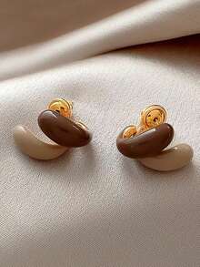 一对优雅法式奢华简约几何造型精致棕色珐琅前后耳环，适合女性日常、通勤、度假、派对佩戴 - 棕色 - 查看 2