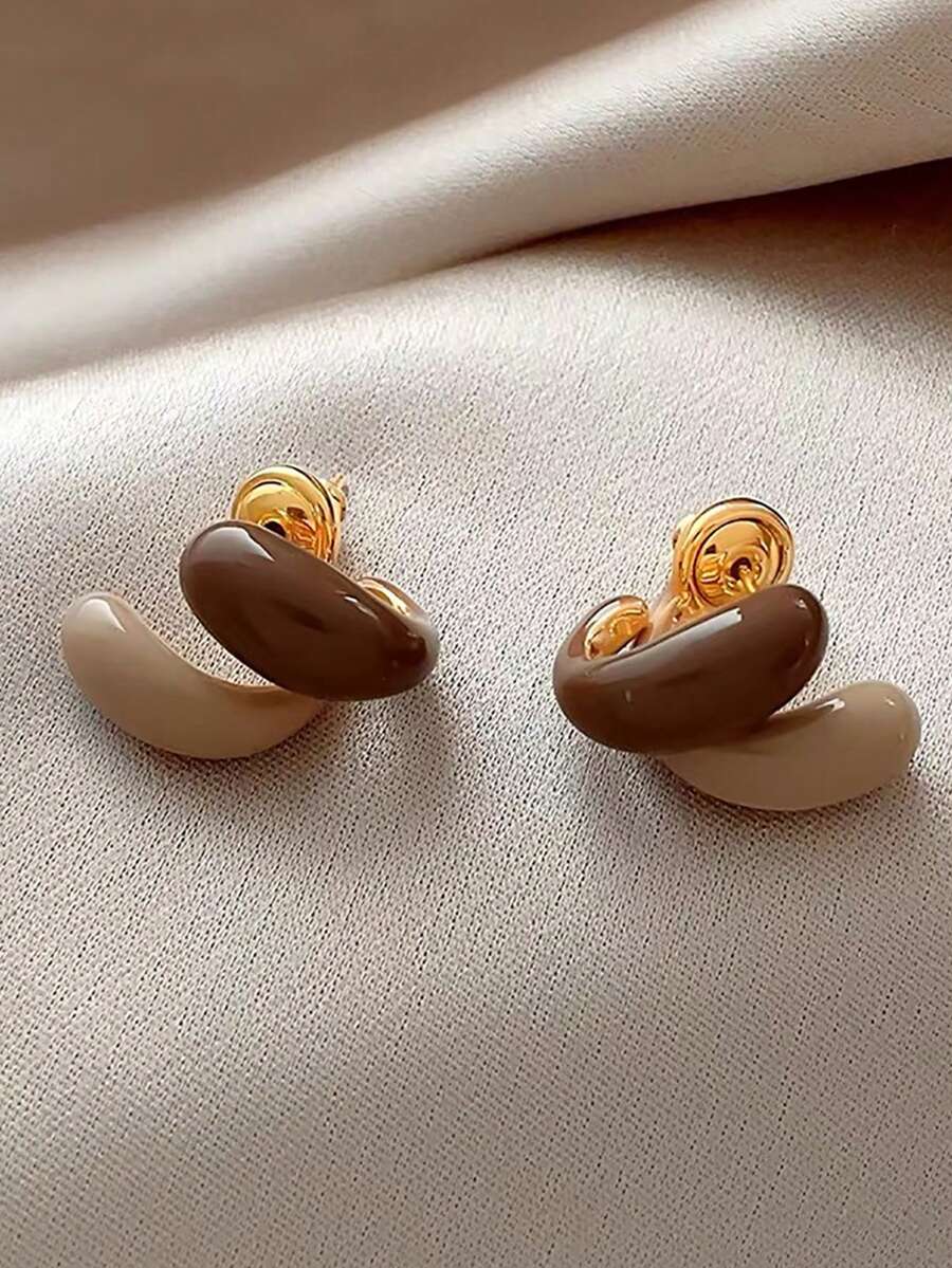 一对优雅法式奢华简约几何造型精致棕色珐琅前后耳环，适合女性日常、通勤、度假、派对佩戴
