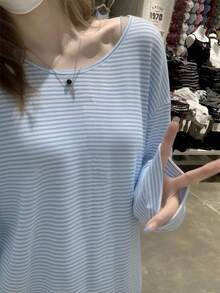 Backless Tie Strap Blue Striped Long Sleeve Casual Loose Thin Blouse - Blue - View 4