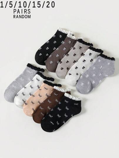 1/5/10/15/20 pares de calcetines cortos para mujer con diseño de flores y lazos, de colores aleatorios y transpirables