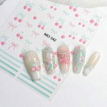 3/2Pcs 3D Cherry Bow Nail Stickers, Summer Fresh Mint Cherry Bow French Nail Art Design, Y2K Cute And Sweet Nail Decoration Self-Adhesive Paper, DIY Nail Salon Nail Supplies - Multicolor - View 6