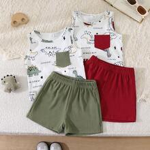 Bộ 2 món áo vest in hình khủng long cho bé trai, bộ đồ thường ngày dễ thương mùa hè cho trẻ sơ sinh và trẻ nhỏ. - màu xanh lá - Xem 3