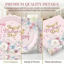 Bộ đồ dùng ăn uống dùng một lần 51 món dành cho Ngày của Mẹ này bao gồm 10 đĩa ăn tối, 10 đĩa tráng miệng, 10 cốc giấy, 20 khăn ăn, 1 khăn trải bàn và 1 banner kéo ra. Bộ đồ dùng ăn uống dùng một lần tiện lợi này rất phù hợp cho cắm trại, dã ngoại, tiệc nướng ngoài trời, đám cưới và tiệc sinh nhật. - Nhiều màu - Xem 5