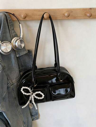 New Fashion Classic Solid Color PU Waterproof Material Women's Handbag, Beaded Bow Decor Design, Large Capacity Shoulder Bag, Shell Bag, Women's Wallet, Suitable For Shopping, Commuting, Travel, Fashion Bow Women Wallet, Street Japanese Style Women Bag