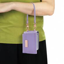 VIETAO Funda de teléfono de piel sintética compatible con Galaxy Z Flip 3/4/5/6/7 con ranura para tarjeta, cordón, billetera, correa para la muñeca, cubierta protectora de moda - Morado - Ver 8