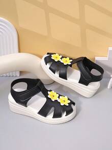 儿童凉鞋，女童鞋，新款春夏高跟鞋，大童花朵粗跟鞋，白色复古公主沙滩鞋，学生演出用包头凉鞋 - 黑色 - 查看 7