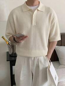 Áo polo nam tay ngắn dệt kim màu trơn, kiểu dáng thường ngày, đa năng, thích hợp cho mùa xuân/hè. - Màu be - Xem 1