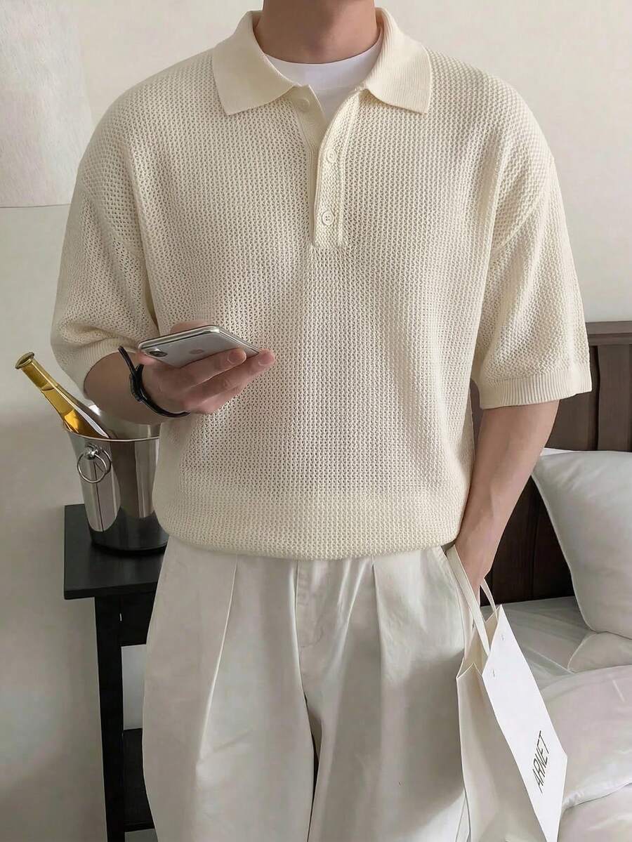 Áo polo nam tay ngắn dệt kim màu trơn, kiểu dáng thường ngày, đa năng, thích hợp cho mùa xuân/hè. - Màu be - Xem 1