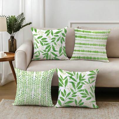 Conjunto de 4 capas de almofada com estampa geométrica simples de plantas verdes, em veludo macio com toque de pêssego, 45*45cm, ideais para decoração de casa, quarto, sala de estar, festas e feriados. Capas de almofada decorativas para sofá, ótima opção de presente. Não inclui enchimento.
