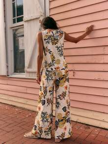 热带花卉印花无袖上衣和阔腿裤两件套 - 波西米亚风夏季度假装 - 杏色 - 查看 6