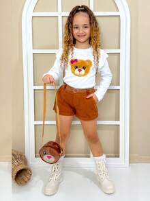 Girls' Outfit Set With Teddy Bear Purse, Short Or Long-Sleeved Blouse, Shorts, And Belt. Summer, Autumn, Winter. Borboletinhas Kids. - 棕色長袖 - 查看 3