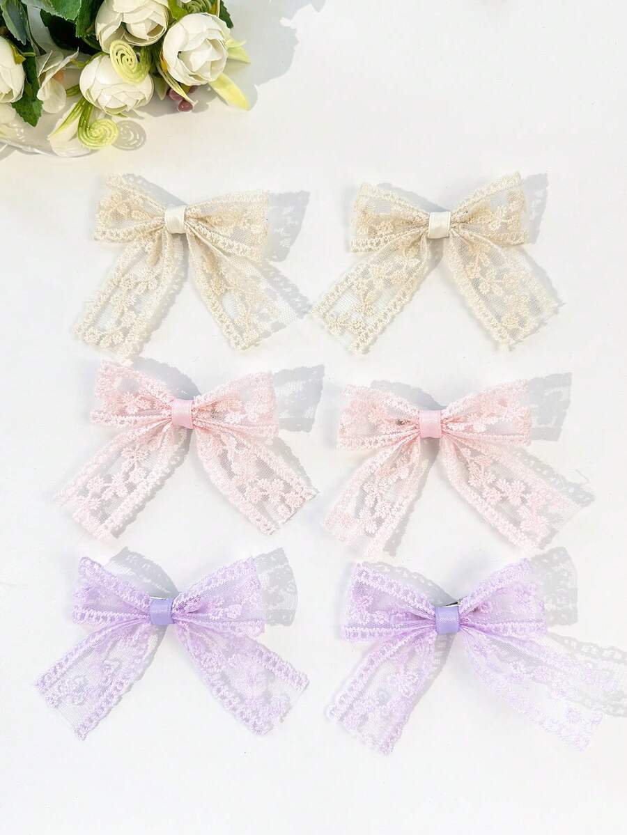 6pcs/Set Lace Embroidered Ribbon Hairpins, Sweet Bowknot Hair Clips, Suitable For Dresses, Outdoor, Photography, Any Occasion